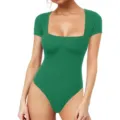 Green square neck short sleeve bodysuit for women, high stretch fitness yoga wear item. - Green 4301A