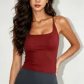 Burgundy square neck sports tank top, ribbed yoga camisole for women fitness workout. - M / Tops / Ancora Red (With Chest Pads)