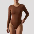 Brown long sleeve women bodysuit, stretchy skin-friendly slim fit activewear for daily yoga. - Coffee 4363