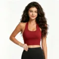 Reggiseno sportivo halter con imbottitura, crop top fitness yoga incrociato per corsa e palestra. - Taglia S / Top / Rosso anfora