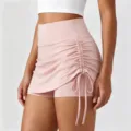High waist pink yoga skort with side drawstring, fake two piece activewear for running fitness. - Mist Pink