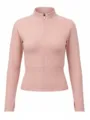 Giacca da yoga rosa a costine a maniche lunghe con zip intera e fori per i pollici fitness. - Taglia S / Top / Rosa chiaro