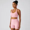 Ensemble de yoga soutien-gorge sport halter côtelé rose et short taille haute design - S / Haut Et Bas / Rose