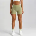 High-waist tight fitness yoga shorts in light olive green, nude sensation athletic biker shorts. - Bean Green Shorts / S