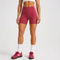 High-waisted athletic fitness shorts in red, seamless nude-feel yoga shorts for women. - Bean Paste Pink Shorts / S