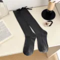 Dark grey knee high socks with black bow, sweet knitted long socks for daily wear. - One Size / Dark Gray