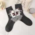 Calzini donna grigi a metà polpaccio con simpatico motivo gatto peluche, cotone morbido. - Taglia Donna 35-39 / Base Grigio Scuro