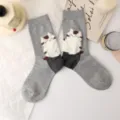 Calzini grigi da donna a tubo medio con gatto in peluche 3D, morbido cotone casual per ogni giorno - Taglia Donna 35-39 / Base Grigio Chiaro