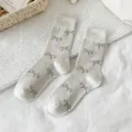 Calze grigie da donna al polpaccio con fiocchi, simpatici calzini in cotone retrò per scarpe. - Taglia unica / Bianco avorio