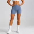 High-waisted blue seamless yoga shorts, tummy control fitness activewear for gym workouts. - Fog Blue Shorts / S