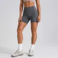 High-waisted yoga shorts for women, tummy control workout fitness biker shorts in dark grey. - Rhino Gray Shorts / S