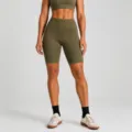 High waist olive green athletic yoga shorts, seamless fitness leggings for women workout wear - Muted Gold Bermuda Shorts / S