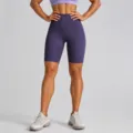 High waist purple yoga shorts, seamless tummy control fitness biker leggings for workout. - Eggplant Purple 5-Point Pants / S