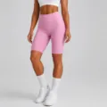 Pink high waist yoga biker shorts for women, seamless tummy control fitness activewear. - Pink Diamond Bermuda Shorts / S