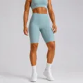 Light blue high-waisted fitness yoga shorts with supportive sports bra set for women - Green Bermuda Shorts / S