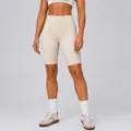 High-waisted beige fitness yoga shorts, seamless nude design, ideal for gym and outdoor sports. - Beige Bermuda Shorts / S