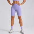 High waist purple fitness yoga shorts and sports bra set for women workout activewear. - Light Purple Bermuda Shorts / S