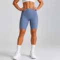 High waist yoga shorts in blue, seamless fitness biker shorts for women athletic workout gym. - Fog Blue Bermuda Shorts / S