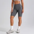 High-waist grey yoga shorts, seamless butt-lifting fitness activewear for gym workouts. - Rhino Grey Bermuda Shorts / S