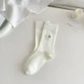 White ribbed mid tube socks with delicate star embroidery, comfortable cotton wear. - One Size / Hexagram White
