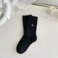 Casual black cotton mid-tube socks featuring delicate white star embroidery for women. - One Size / Hexagram Black