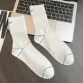 White cotton mid-tube socks with blue embroidery and stylish letters for men daily sports. - One Size / White