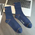 Men navy blue cotton mid-tube socks athletic sports trendy socks with letter embroidery - One Size / Dark Blue