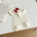 White Japanese JK Lolita style lace mid-tube socks with elegant red bow variant choice - One Size / Bowknot Style