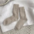 Cozy speckled knit crew socks for women, thick winter thermal wool blend socks in variant style. - One Size / Khaki