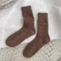 Brown speckled cable knit winter socks, thick warm cozy mid-calf woolen socks for women. - One Size / Coffee