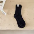 Men black mid-calf socks with woven label solid color casual ribbed cotton socks daily wear - One Size / Black