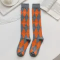 Chaussettes montantes à motif argyle longues chaussettes style collège gris orange - Taille unique / Bord Gris Losanges (XL511)
