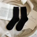 Black argyle women wool blend socks, cozy vintage winter mid-tube casual hosiery style. - One Size / Black