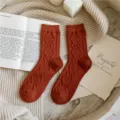 Women argyle wool blend socks autumn winter thick warm vintage mid calf casual cozy socks - One Size / Red