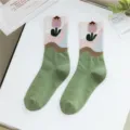 Cute floral crew socks for women, sweet green knitted mid-calf cotton socks with tulip pattern. - One Size / Green