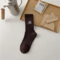 Brown cotton mid-tube socks with camping snow mountain embroidery, outdoor hiking socks. - One Size / Coffee