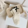 Damen Baumwolle Socken schwarze Schleife Rüschenrand süß japanisch JK Stil Mittelsocken - Einheitsgröße / Cremeweiß mit schwarzem Rand