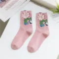 Cute pink mid-tube socks featuring 3D plush flower designs, Japanese sweet style cotton socks. - One Size / Pink
