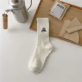 White cotton crew socks with camping mountain embroidery, perfect for outdoor hiking and daily. - One Size / Creamy White