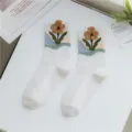 Cute floral mid-calf cotton socks for women, sweet and cozy white knit spring style. - One Size / White