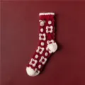 Chaussettes mi-hautes d'hiver rouges en tricot avec motifs floraux blancs et design d'animal. - Taille unique / Motif floral intégral