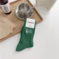 Retro camping embroidered green mid-calf cotton socks, vintage outdoor style casual wear. - One Size / Velvet Green