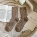 Brown women's vintage argyle knit socks, cozy thick thermal winter mid-tube casual hosiery. - One Size / Khaki