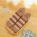 Winter süße Katzenohr Korallenfleece warme Socken dicke Schlaf Bodensocken Damen gemütlich - Einheitsgröße / Kaffeebraun-weiß gestreifte Katzensocken