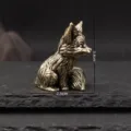 Antique solid brass fox figurine tea pet desktop ornament with dimension markings - Cute Little Fox