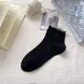 Black ruffle ankle socks for women sweet style cotton low cut cute hosiery item. - One Size / Black