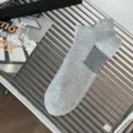 Mens low cut casual socks breathable mesh athletic grey ankle socks with stripes daily wear - One Size / Light Gray