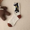 Calzini medi da donna con gatto di cartone animato ricamato, stile coreano morbido e comodo. - Taglia unica / Gatto Lettera Beige