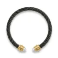 Detalle de pulsera brazalete de cable trenzado de acero, alambre negro tapas oro perlas. - Acero Negro y Punta Dorada Con Perla