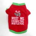 T-shirt de Noël rouge pour chien avec imprimé gui et détails de col côtelé vert - Fleur de Noël Rouge